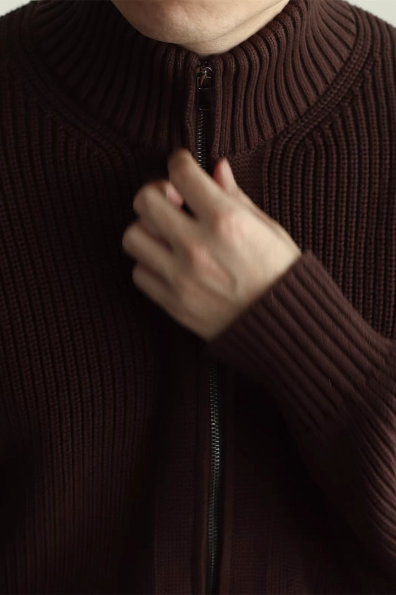 MayfairLoom Aura ribbed cardigan in neutral color, featuring a classic fit and textured knit, perfect for sophisticated casual wear.