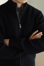 MayfairLoom Belvoir Aura ribbed cardigan in neutral tones, featuring a classic fit with textured ribbing design.