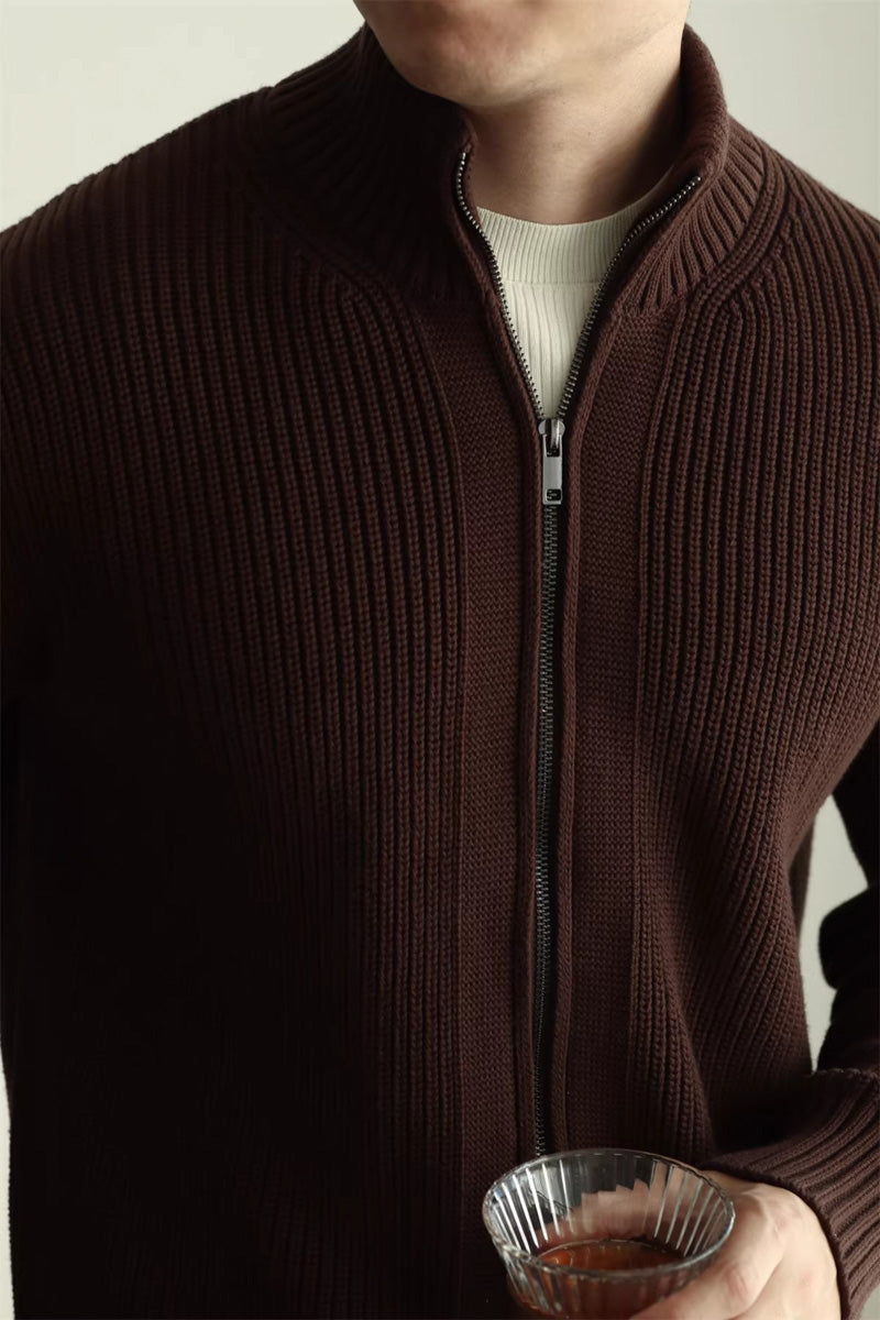 MayfairLoom Aura ribbed cardigan in neutral color, featuring a classic fit and textured knit, perfect for a sophisticated old money style.