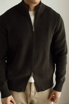 MayfairLoom Belvoir Aura ribbed cardigan in neutral color, featuring a classic fit with textured knit and button closure.