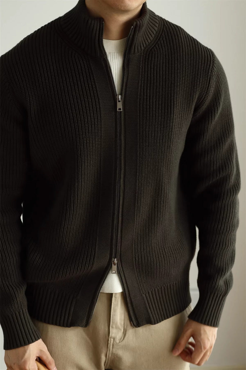 MayfairLoom Belvoir Aura ribbed cardigan in neutral color, featuring a classic fit with textured knit and button closure.