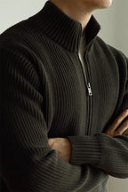 MayfairLoom Aura ribbed cardigan in neutral color, featuring a classic fit and textured knit, perfect for a sophisticated old money style.