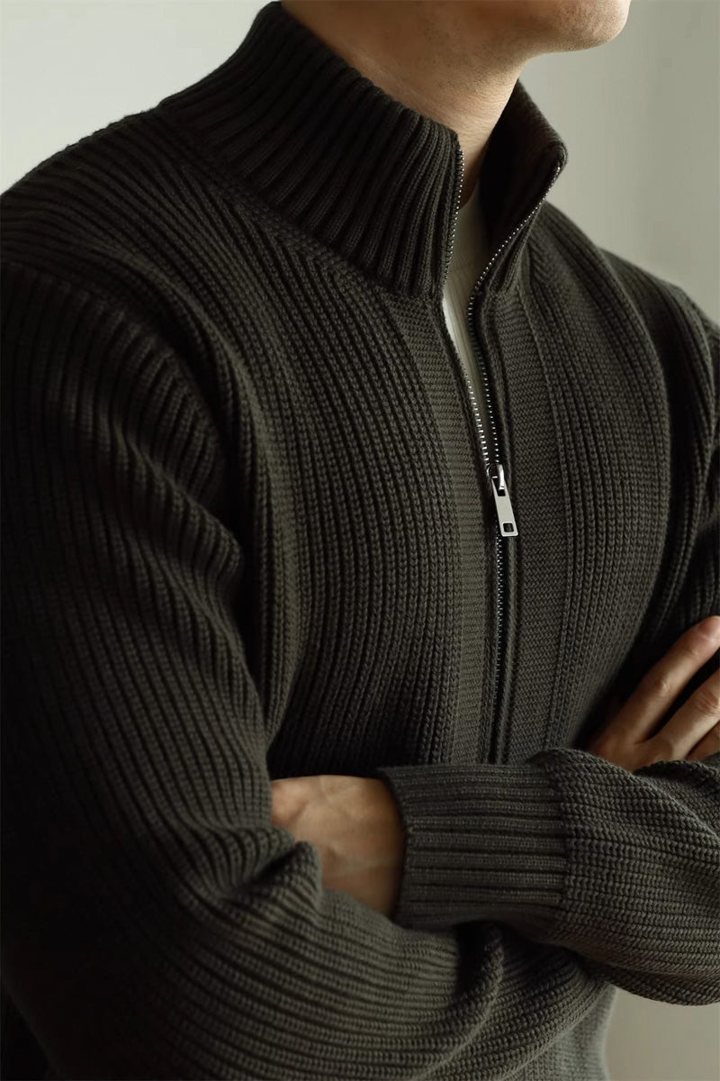 MayfairLoom Aura ribbed cardigan in neutral color, featuring a classic fit and textured knit, perfect for a sophisticated old money style.