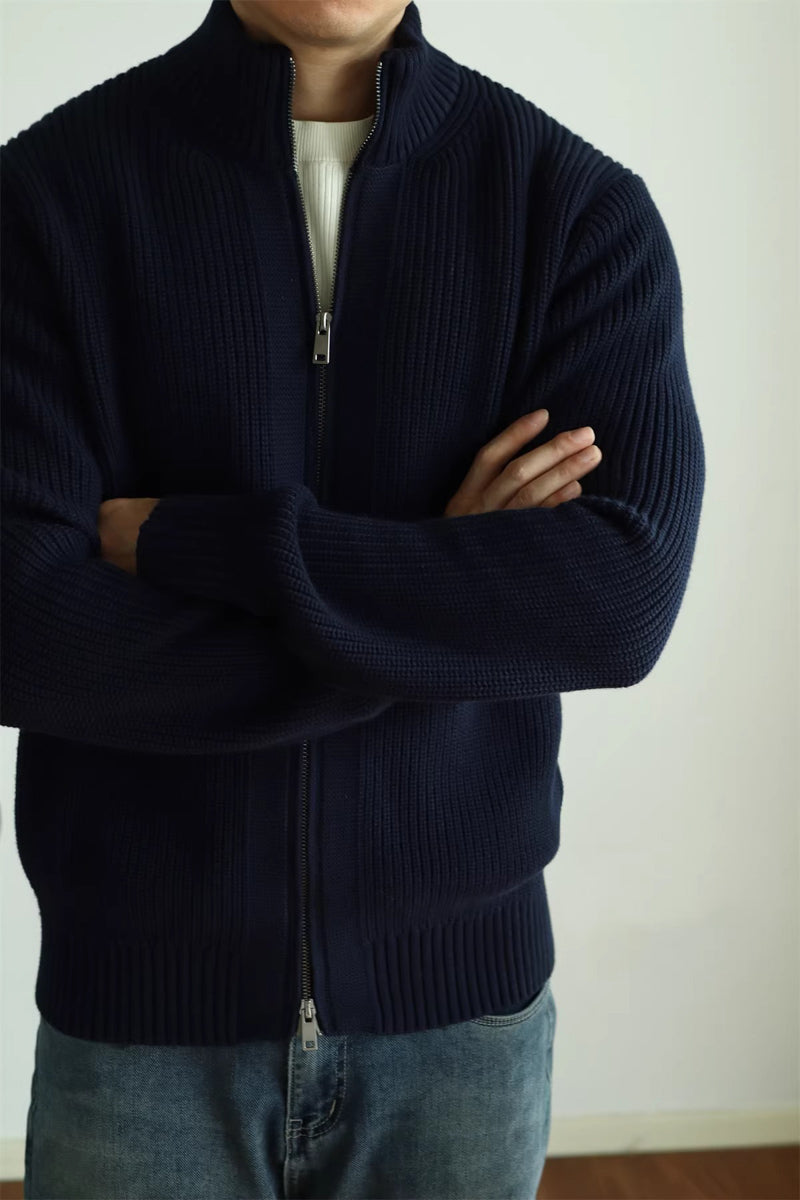 MayfairLoom Belvoir Aura ribbed cardigan in neutral color, featuring a classic fit and textured knit pattern.