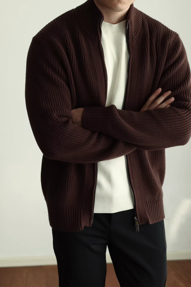 MayfairLoom Aura ribbed cardigan in neutral color, featuring a cozy fit and textured knitting, perfect for classic Old Money style.