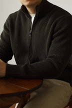 MayfairLoom Aura ribbed cardigan in neutral color, featuring a cozy fit and classic design, perfect for layered autumn style.