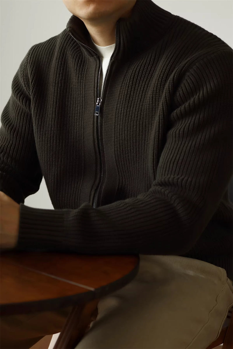 MayfairLoom Aura ribbed cardigan in neutral color, featuring a cozy fit and classic design, perfect for layered autumn style.