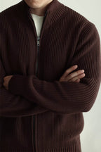 MayfairLoom Aura ribbed cardigan in neutral tones, featuring a classic old money style with a relaxed fit and textured knit fabric.