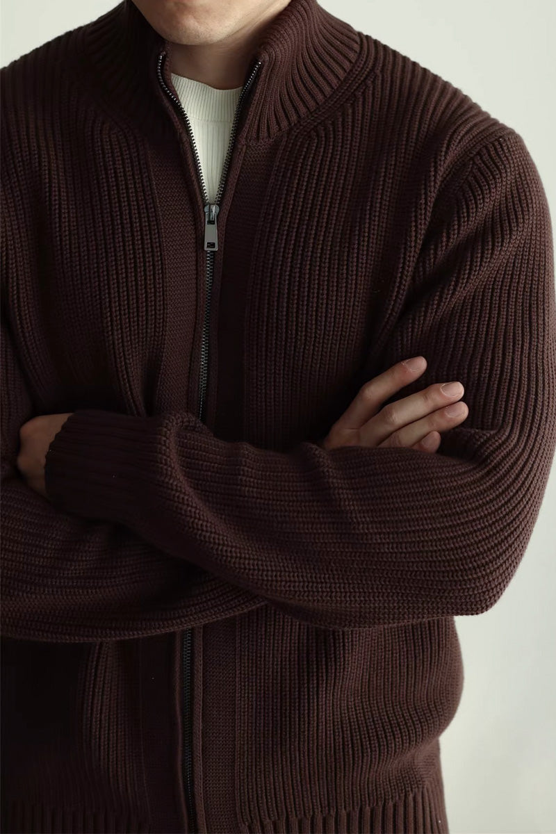 MayfairLoom Aura ribbed cardigan in neutral tones, featuring a classic old money style with a relaxed fit and textured knit fabric.
