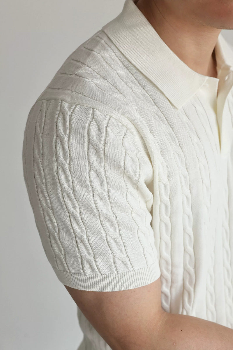 Mayfairloom Belmont Cable Polo shirt in navy, featuring cable knit pattern and classic collar, displayed flat on a white background.