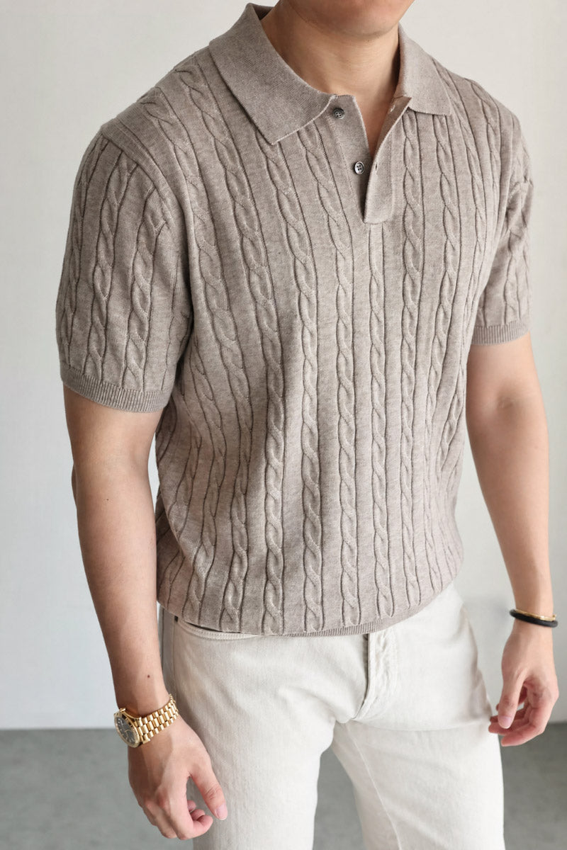 Mayfairloom Belmont Cable Polo shirt in navy, featuring a classic cable knit design and ribbed collar and cuffs.