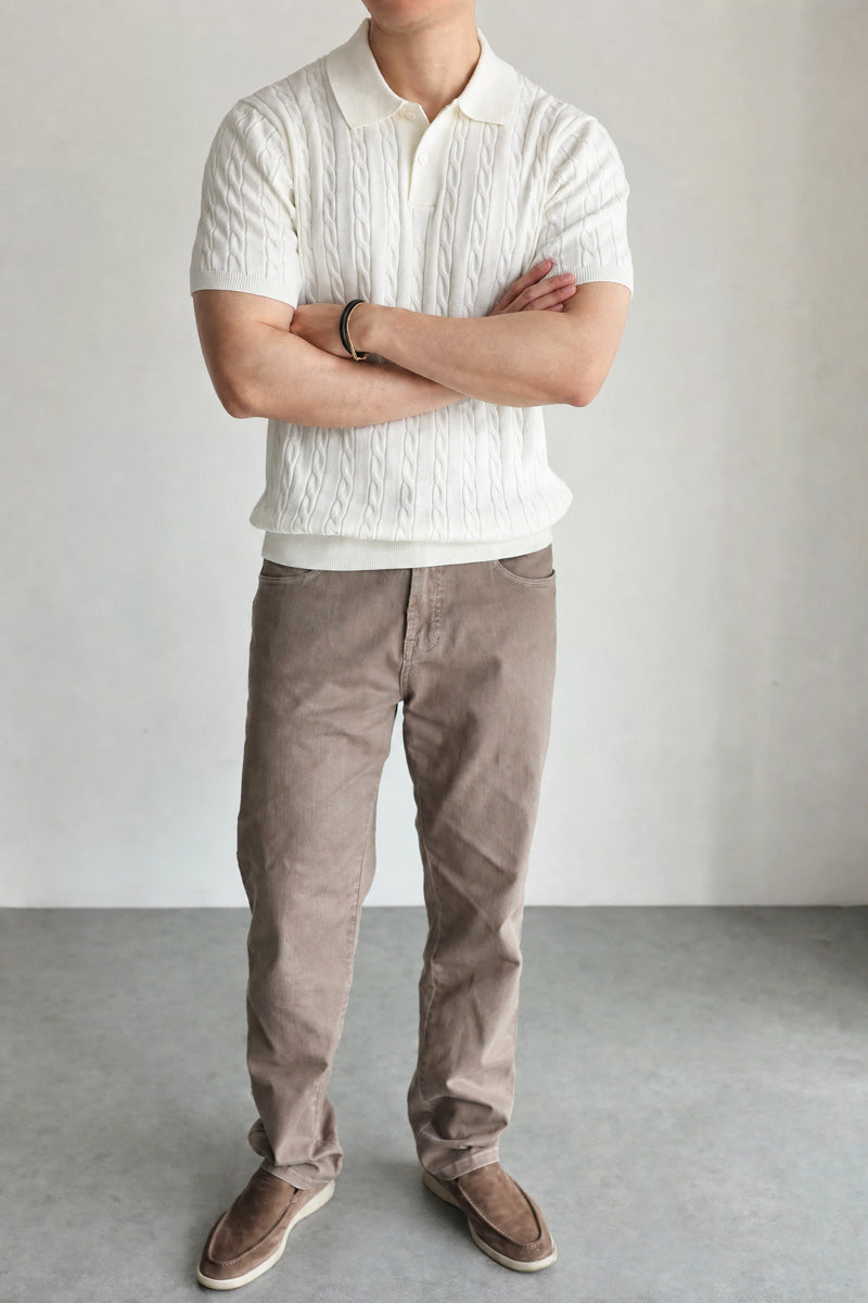 Mayfairloom Belmont Cable Polo shirt in navy, featuring a classic cable knit pattern and a collared neckline.