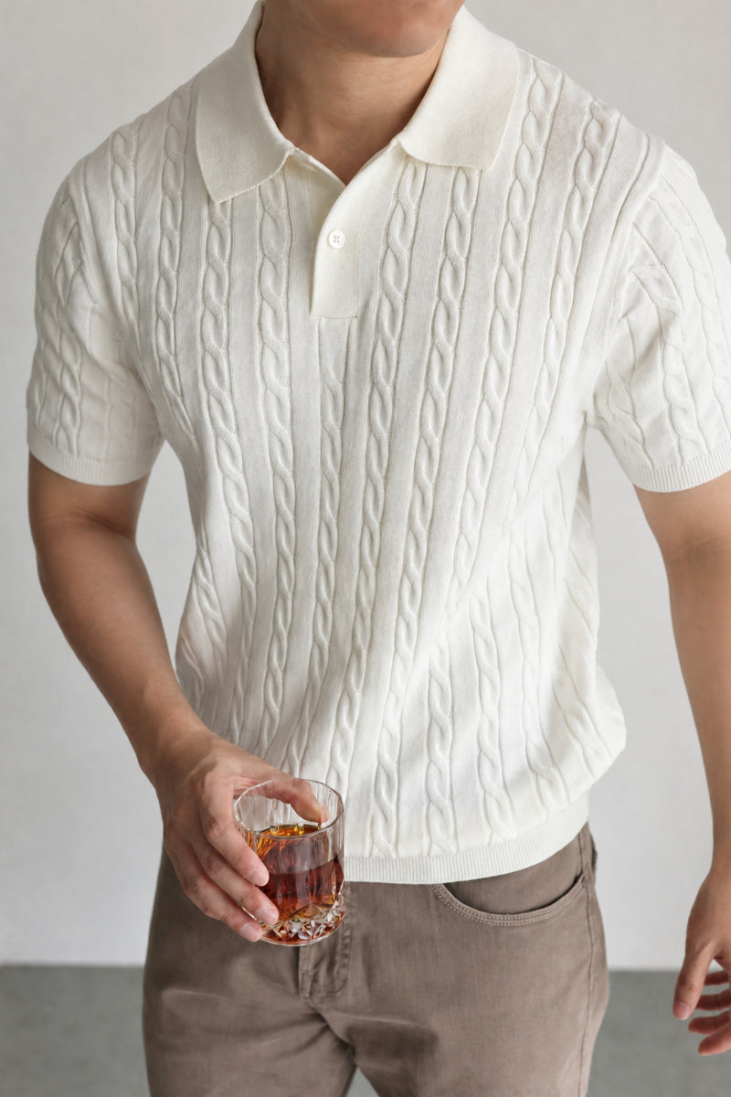 Mayfairloom Belmont Cable Polo shirt, close-up of navy blue knit fabric with textured cable pattern, casual men's polo top.
