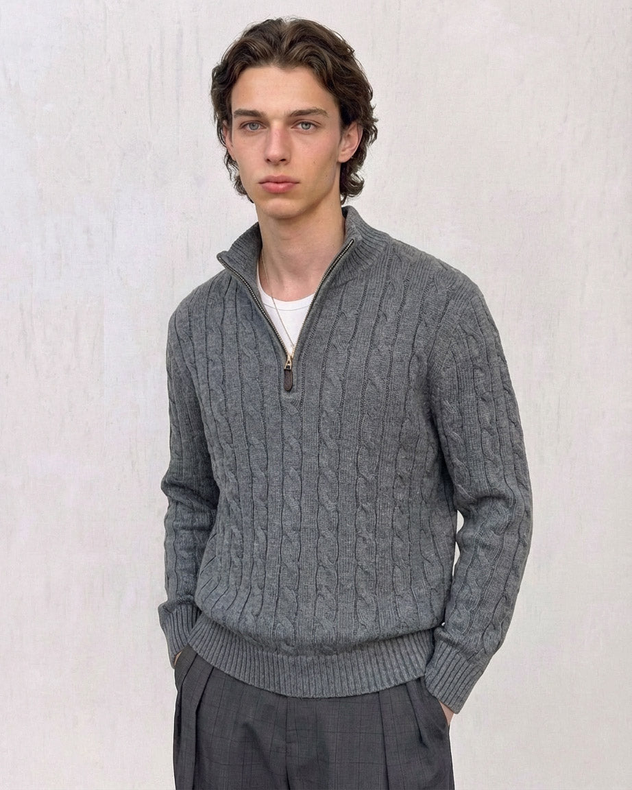 Cable-knit cotton quarter-zip sweater by MayfairLoom, featuring a classic old money style design in neutral tones.