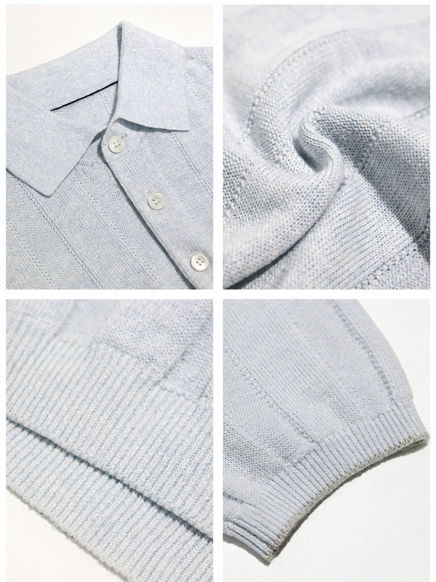 Mayfairloom Parthenon Hemp Knit Polo shirt in natural beige, close-up of textured hemp fabric and classic polo collar.
