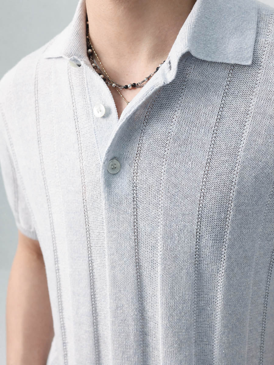 Mayfairloom Parthenon Hemp Knit Polo shirt in beige, featuring a classic collar and button closure, displayed on a neutral background.