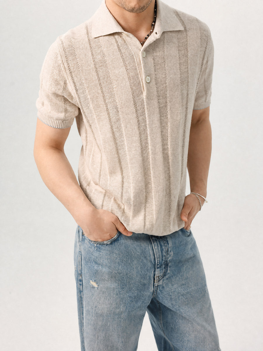Mayfairloom Parthenon Hemp Knit Polo shirt displayed on a hanger, showcasing its textured hemp fabric and classic polo design.