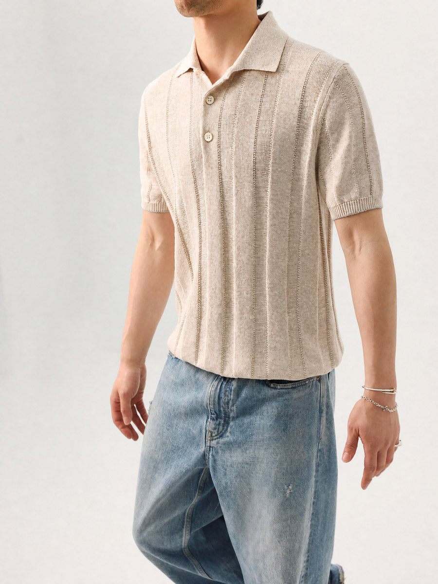 Mayfairloom Parthenon Hemp Knit Polo shirt in beige, featuring a classic polo collar and textured hemp fabric.