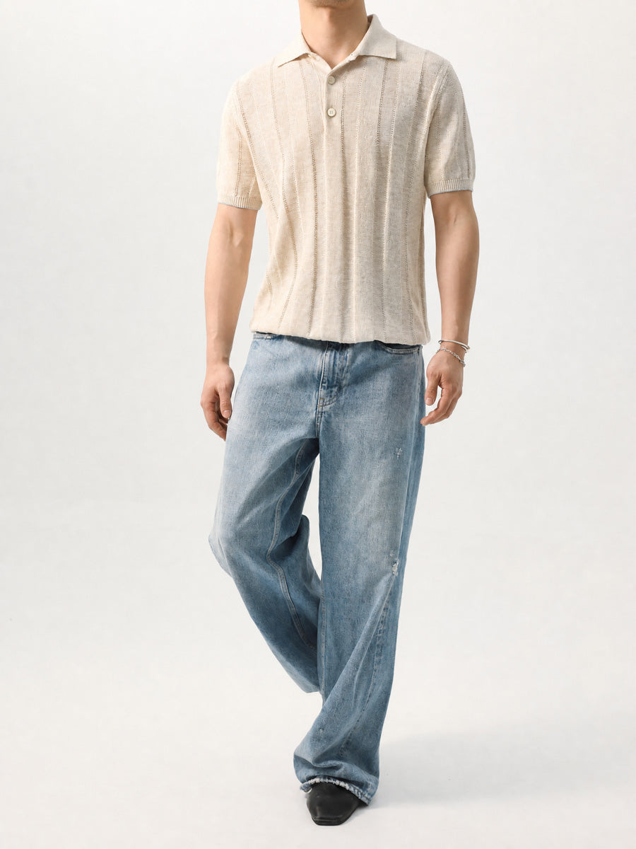 Mayfairloom Parthenon Hemp Knit Polo shirt featuring a classic collar and textured hemp fabric in a close-up front view.