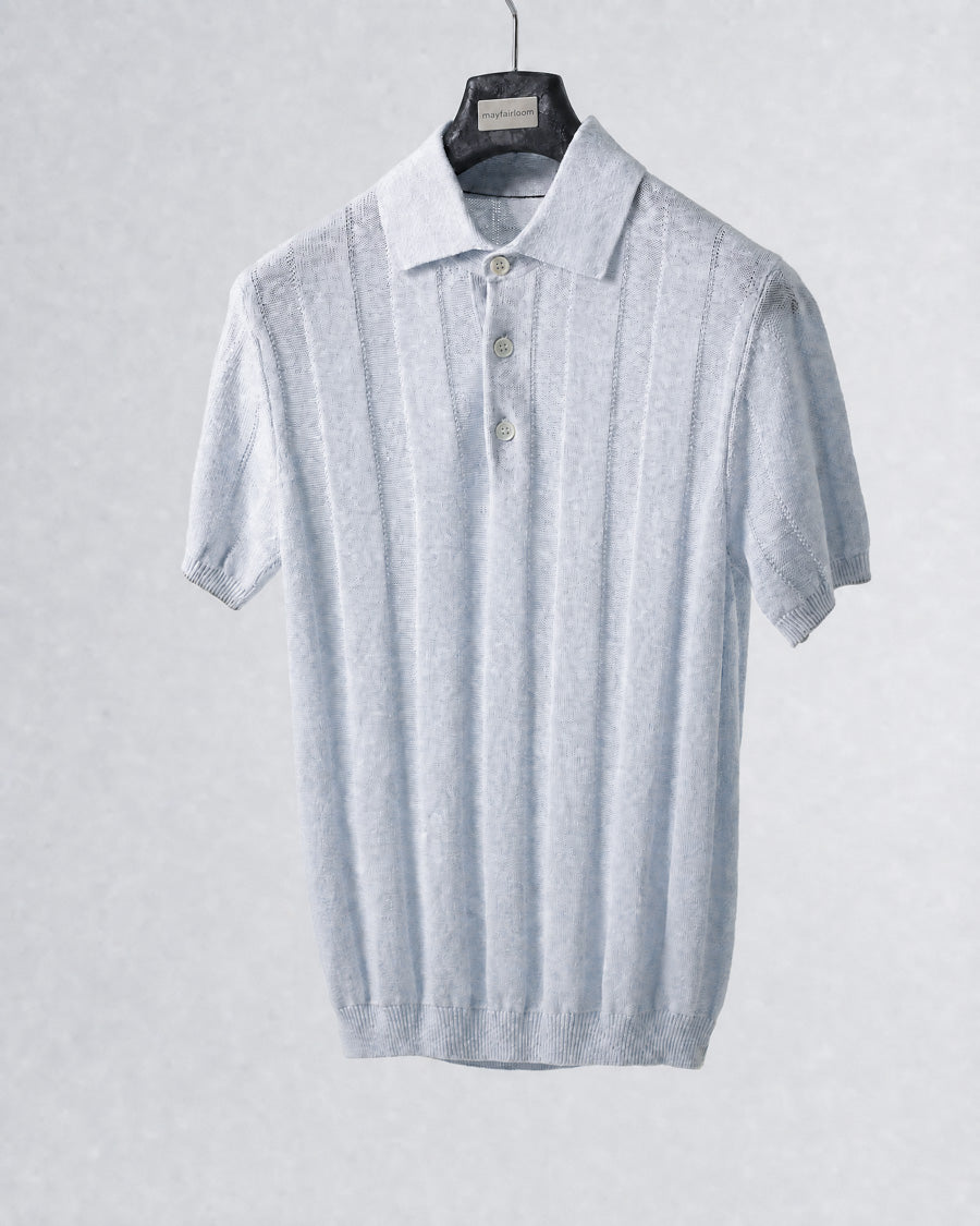 Mayfairloom The Parthenon Hemp Knit Polo shirt in green with a classic collar and button-front design.