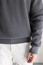 Mayfairloom double-twist cotton ribbed henley sweater displayed on a model, showcasing its textured fabric and classic fit.