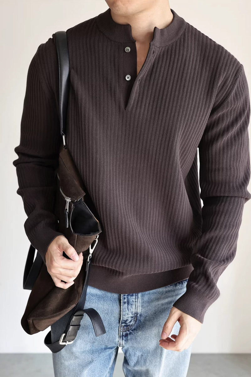 Mayfairloom Double-Twist Cotton Ribbed Henley Sweater, close-up of the textured knit fabric and button-front design.