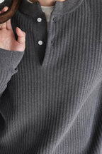 Mayfairloom double-twist cotton ribbed henley sweater displayed on a mannequin, featuring a classic buttoned neckline and textured fabric.
