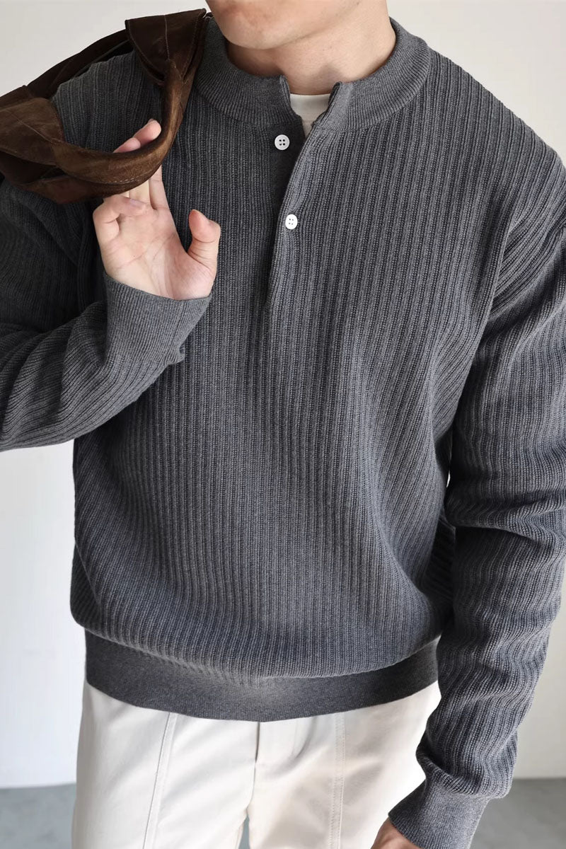 Mayfairloom double-twist cotton ribbed Henley sweater in neutral color, featuring a classic collar and textured knit fabric.
