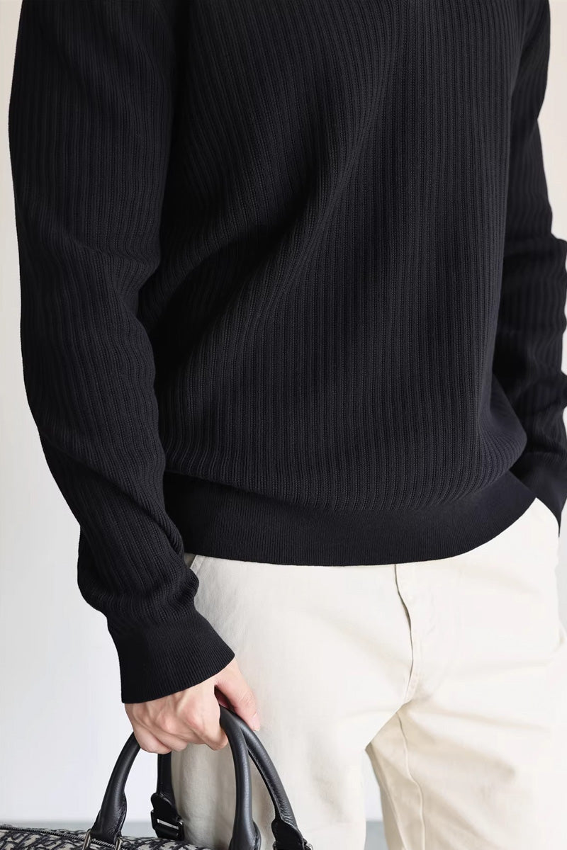 Mayfairloom double-twist cotton ribbed henley sweater featuring a classic collar and long sleeves, displayed on a white background.