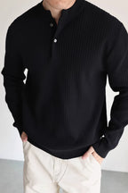 Mayfairloom double-twist cotton ribbed henley sweater in neutral color, featuring a button-up neckline and textured knit fabric.