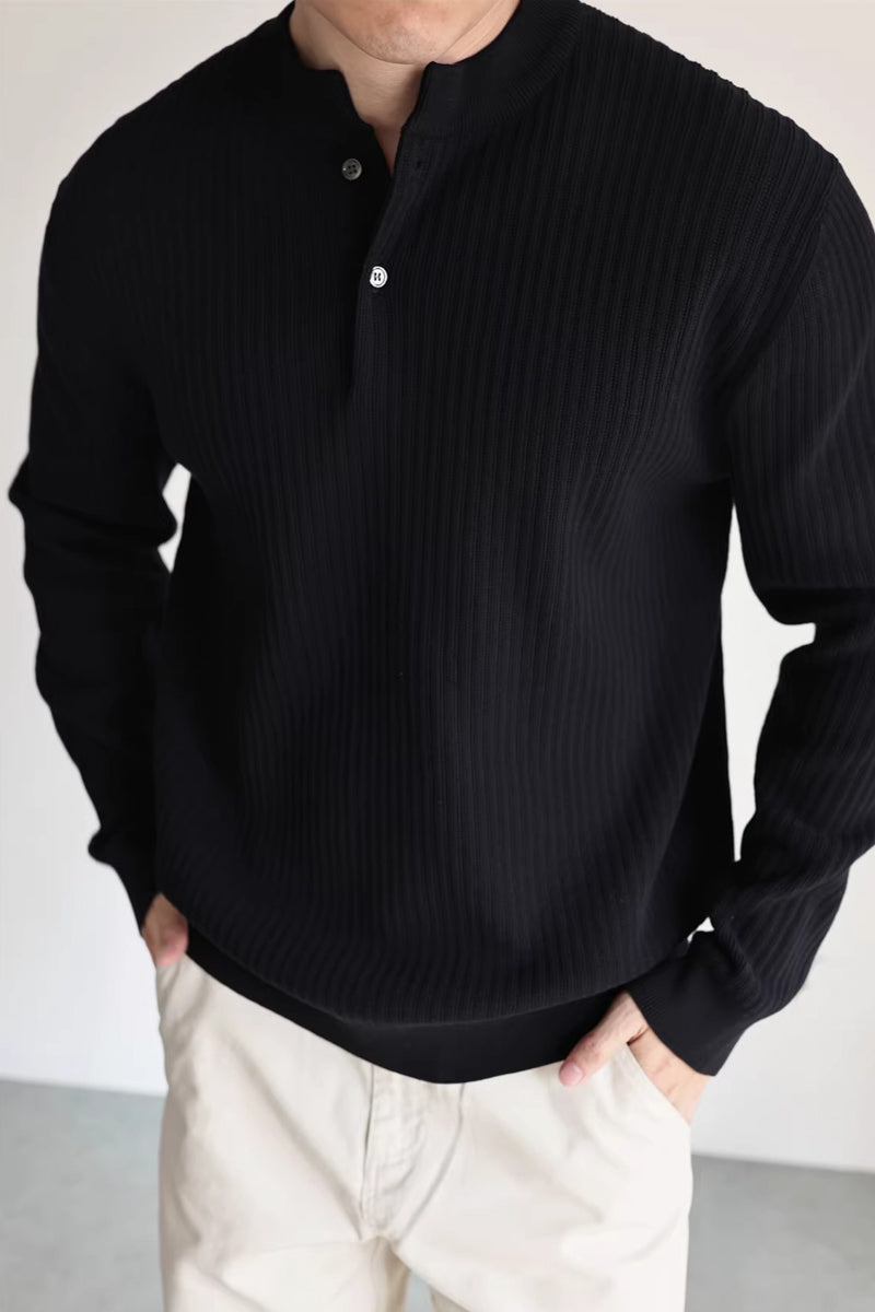 Mayfairloom double-twist cotton ribbed henley sweater in neutral color, featuring a button-up neckline and textured knit fabric.