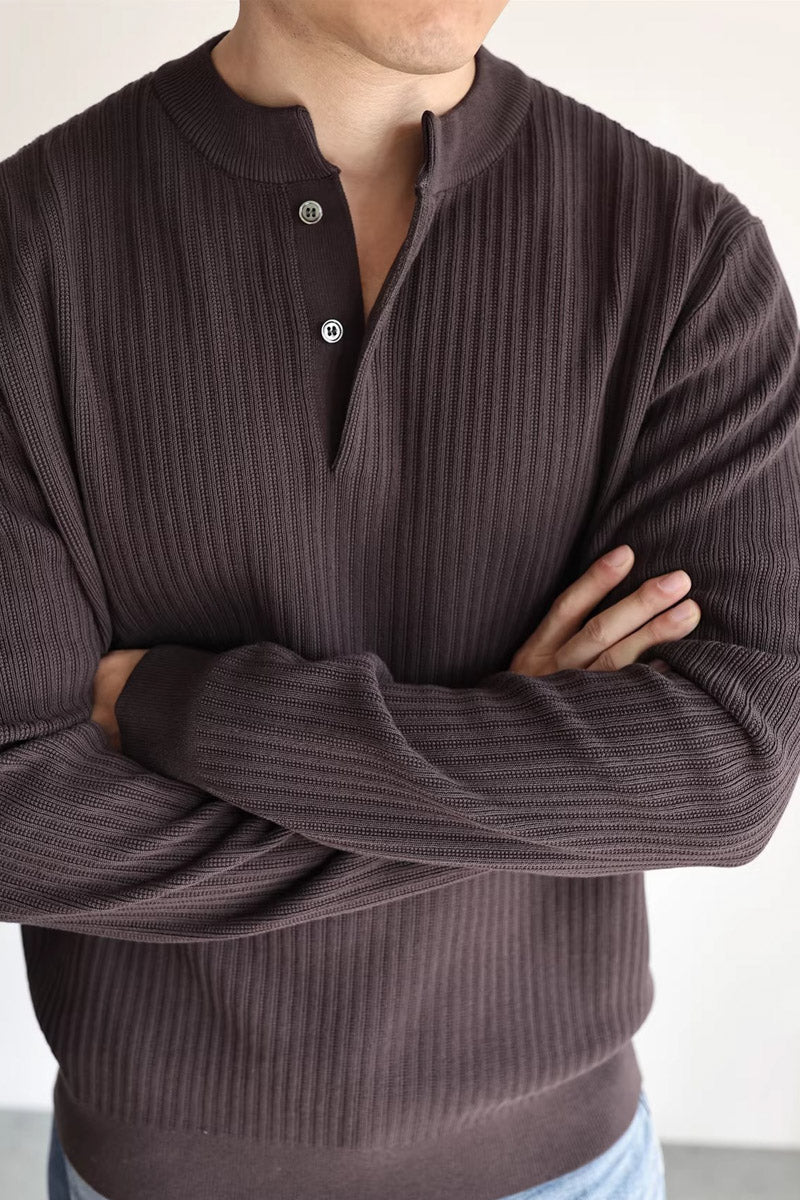 Mayfairloom double-twist cotton ribbed henley sweater displayed on a model, showcasing its textured fabric and relaxed fit.