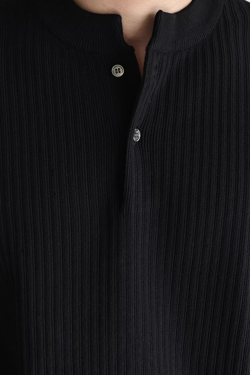 Mayfairloom double-twist cotton ribbed henley sweater displayed on a hanger, featuring a classic collar and textured knit fabric.