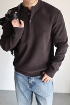 Mayfairloom double-twist cotton ribbed henley sweater displayed on a hanger with close-up fabric texture.