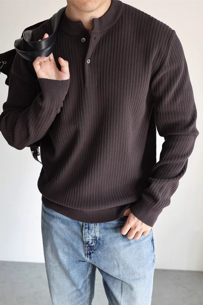 Mayfairloom double-twist cotton ribbed henley sweater displayed on a hanger with close-up fabric texture.