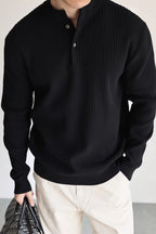 Mayfairloom double-twist cotton ribbed henley sweater showing the textured fabric and buttoned neckline on a neutral background.