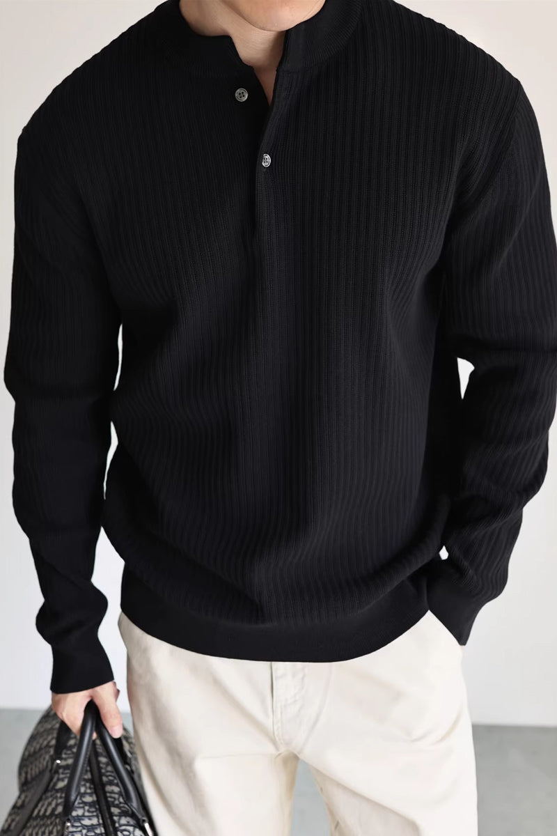 Mayfairloom double-twist cotton ribbed henley sweater showing the textured fabric and buttoned neckline on a neutral background.