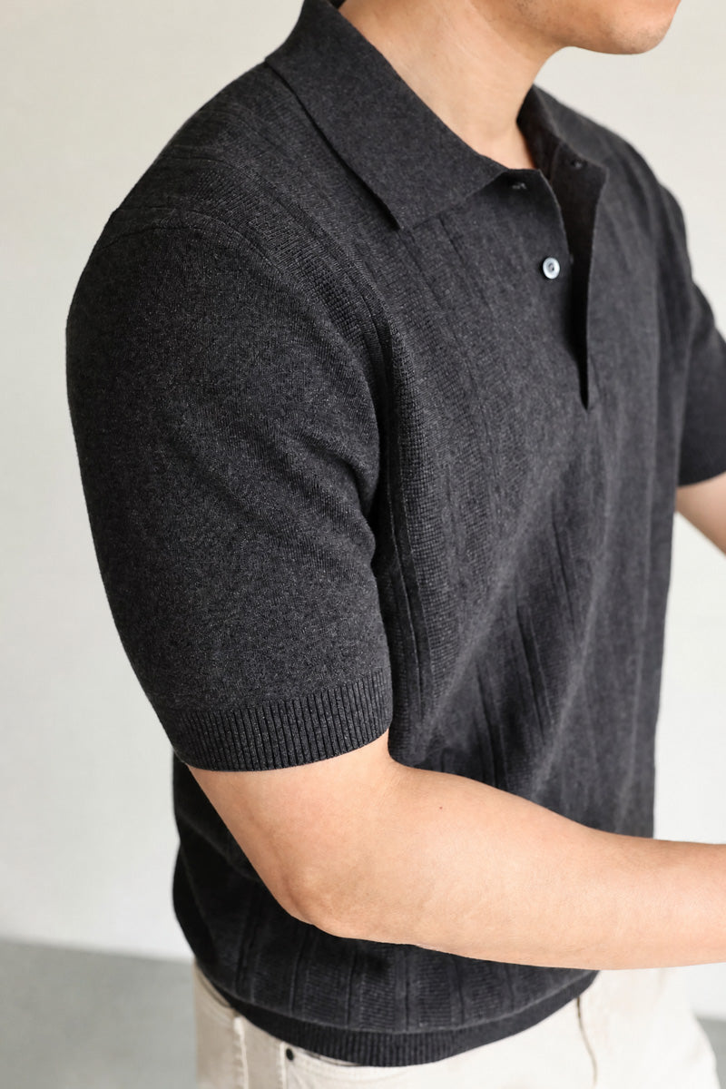 Mayfairloom Marlow Knit Polo shirt in navy, featuring a classic collar and textured knit fabric, displayed on a neutral background.