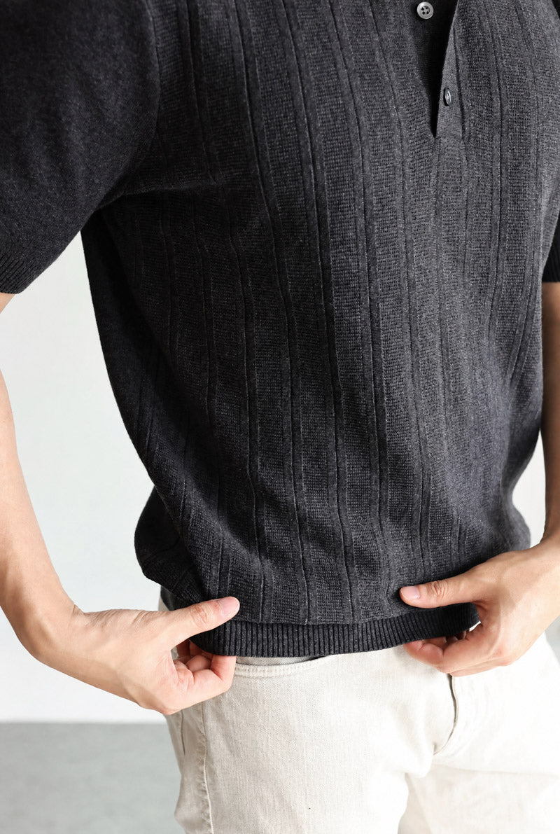 Mayfairloom Marlow Knit Polo shirt in navy, featuring a classic collar and textured knit fabric on a model.