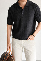 Mayfairloom Marlow Knit Polo shirt in navy, featuring a classic collar and knit texture, displayed on a hanger.