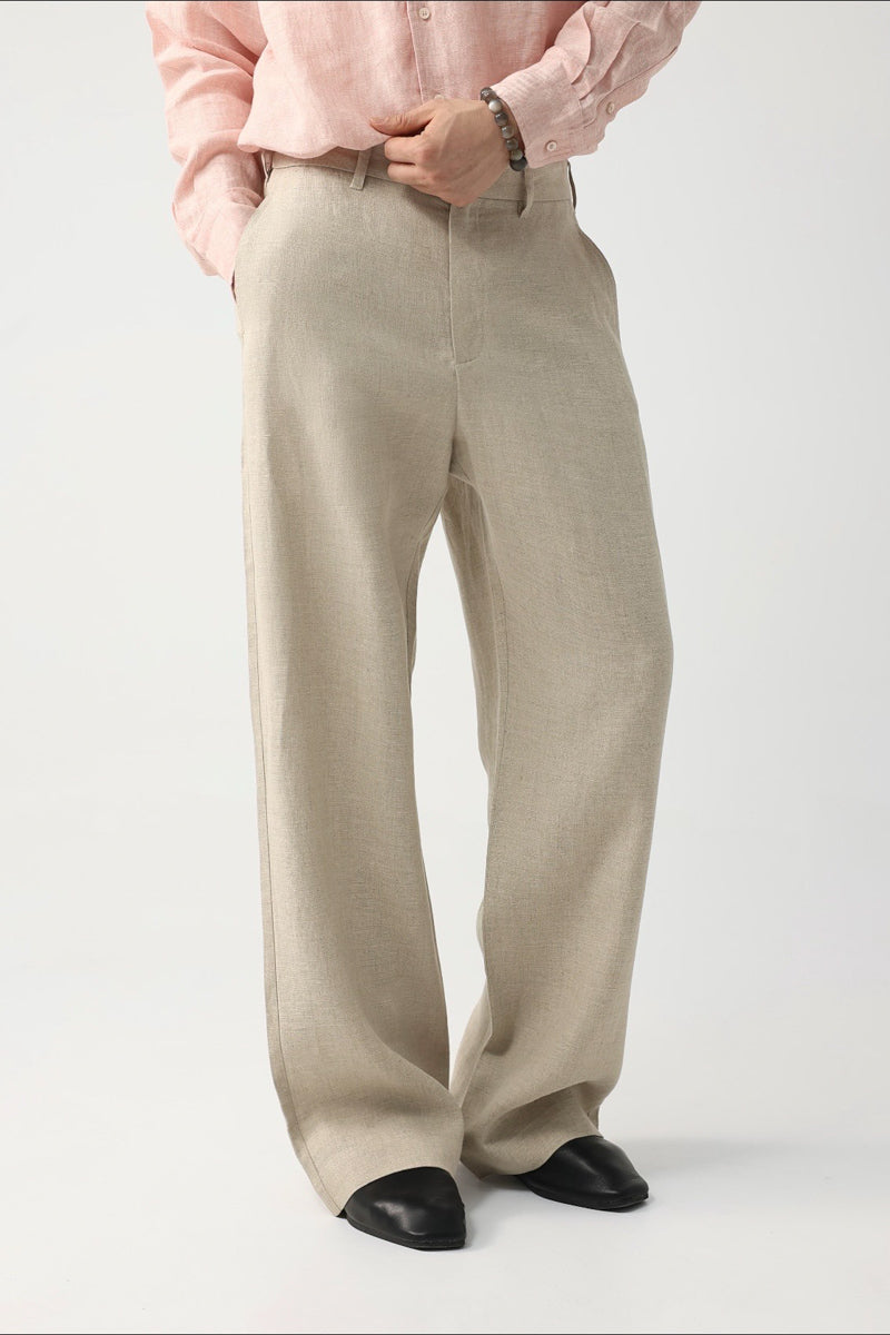 Mayfairloom Quiet Luxury linen pants with natural grain, lightweight and breathable, displayed on a neutral background.