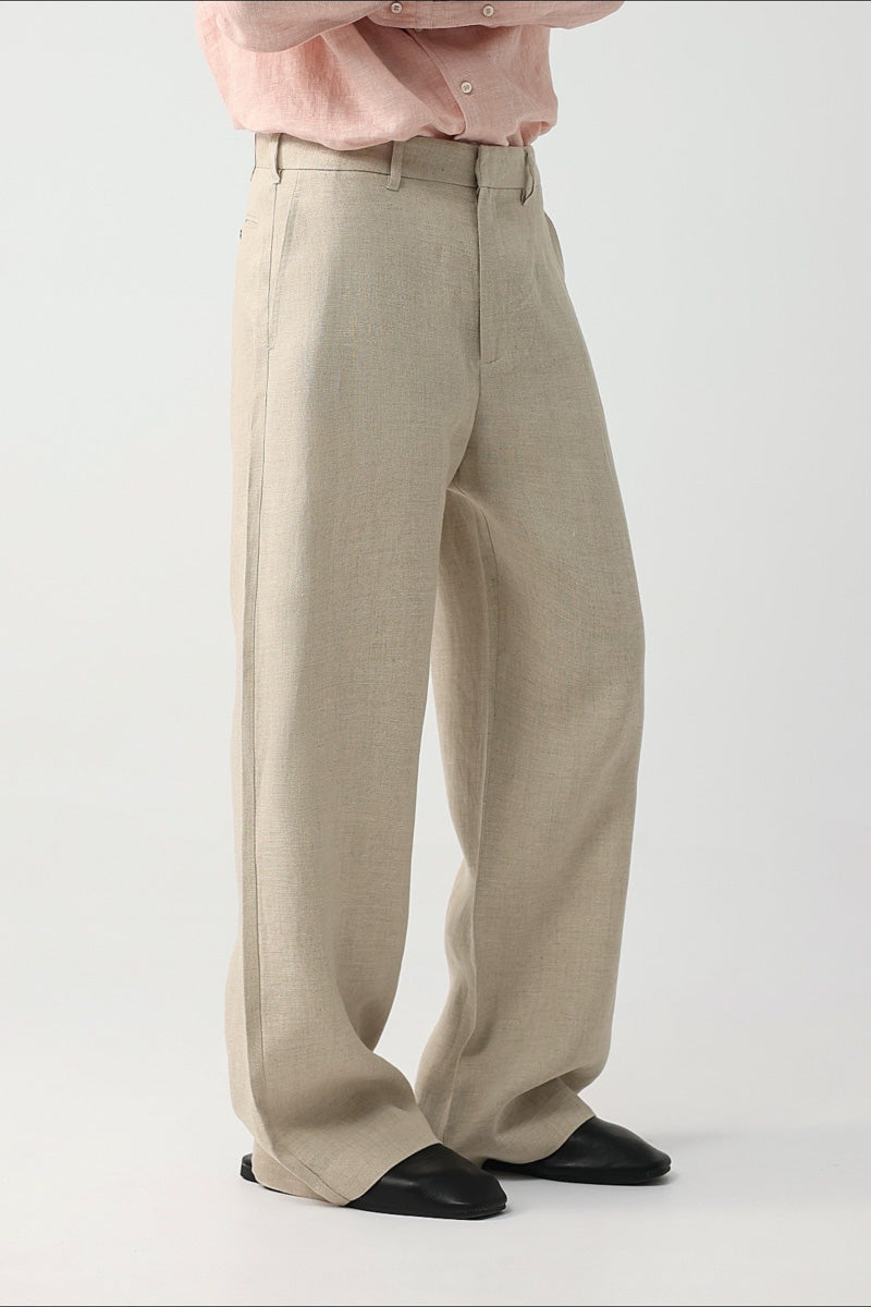 Mayfairloom quiet luxury linen pants with natural grain, featuring a relaxed fit and lightweight, breathable fabric.