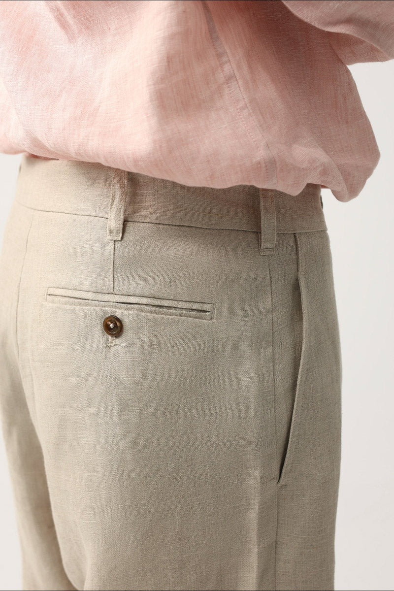 Mayfairloom quiet luxury linen pants with natural grain, lightweight and stylish, displayed on a neutral background.
