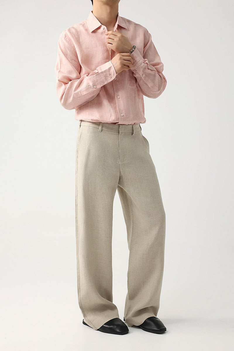 Mayfairloom quiet luxury linen pants with natural grain, showing relaxed fit and textured fabric in a neutral tone.