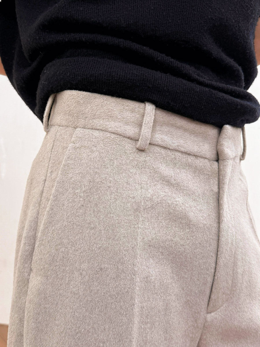 Mayfairloom sculpted wool blend pants displayed on a model, featuring a tailored fit and modern design.