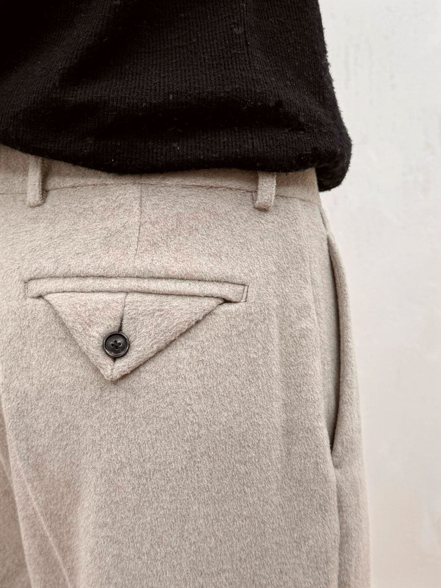 Mayfairloom sculpted wool blend pants displayed on a model, showing tailored fit and stylish design.