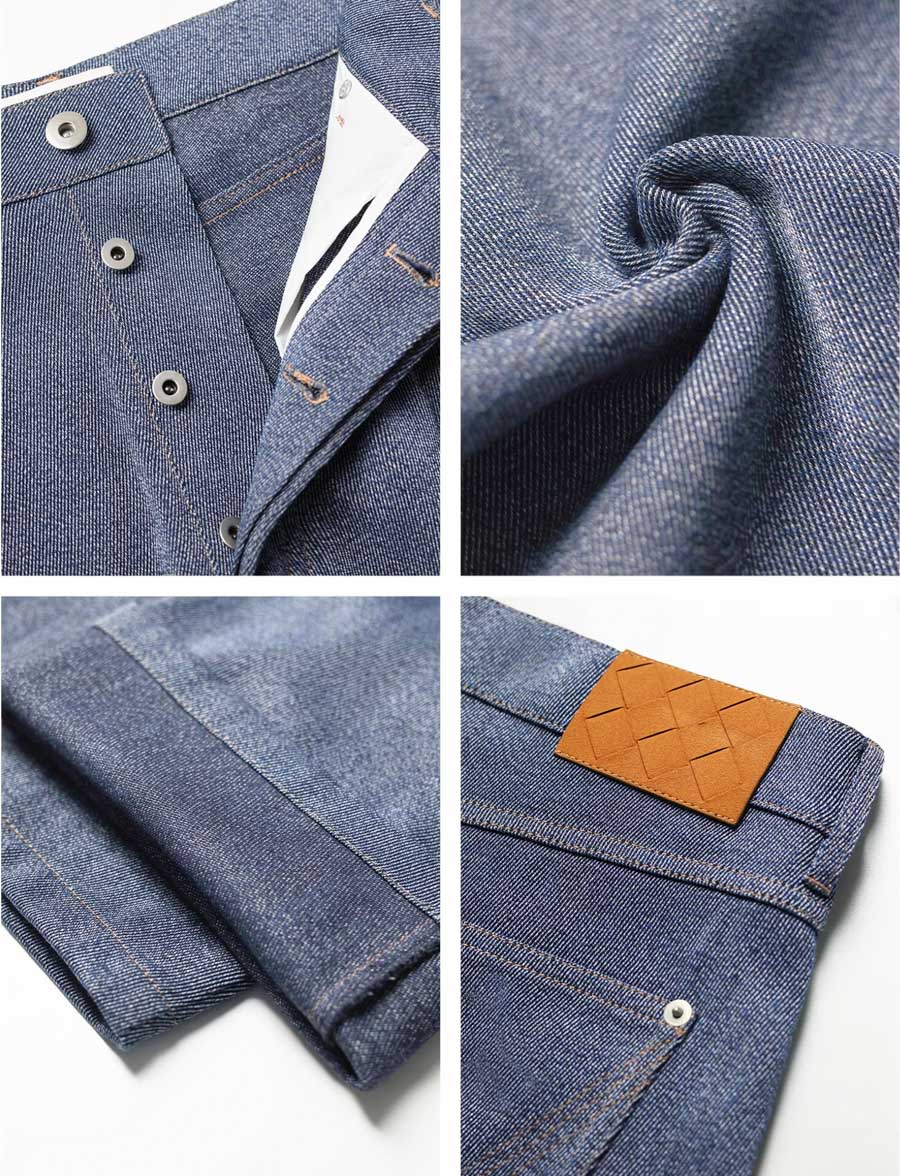 Mayfairloom Neo-Heritage denim jeans in wool, showing a close-up of the textured fabric and classic denim stitching.